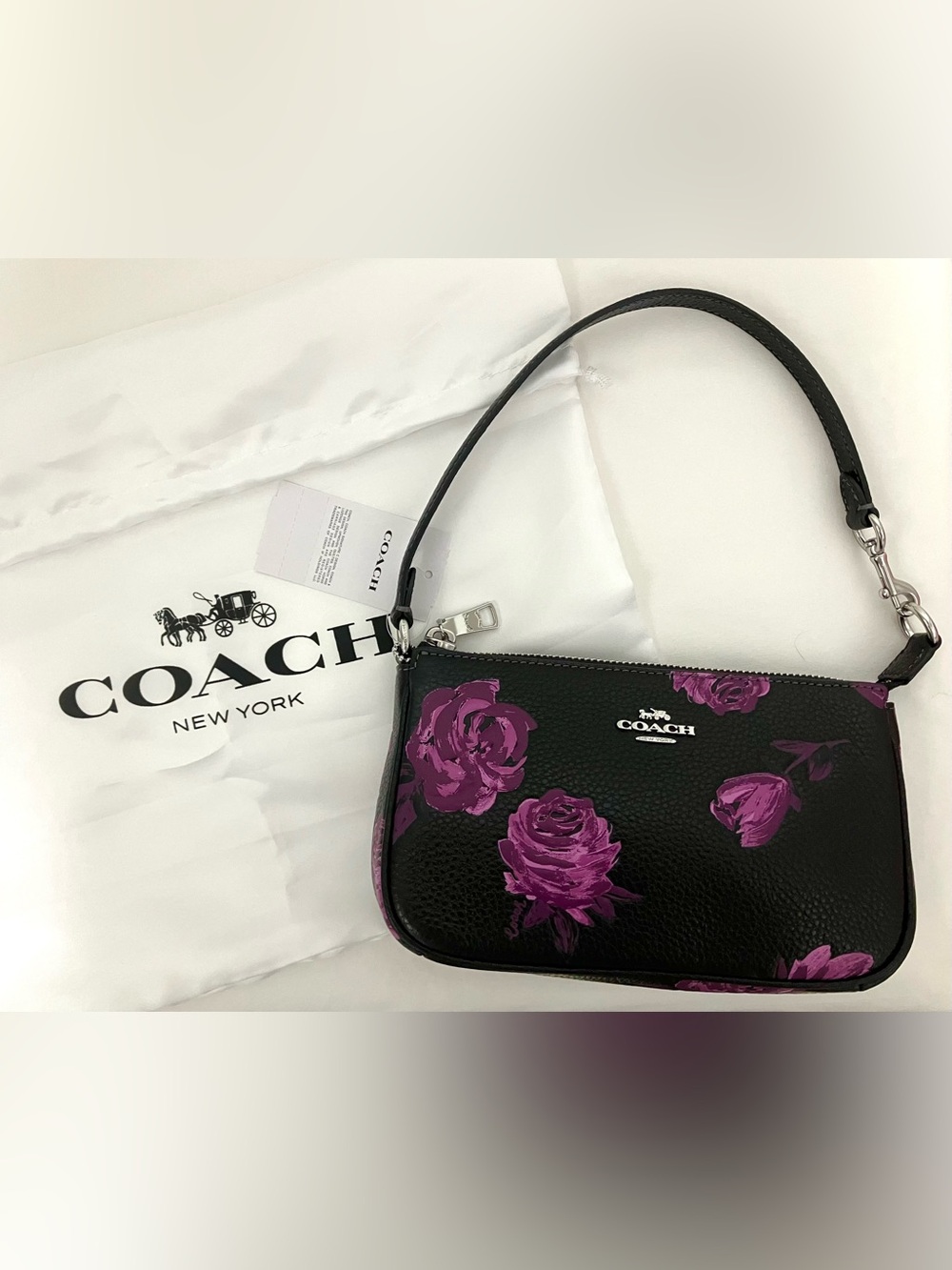 Coach Black Leather Nolita 19 with Purple Mauve Rose Print NWT